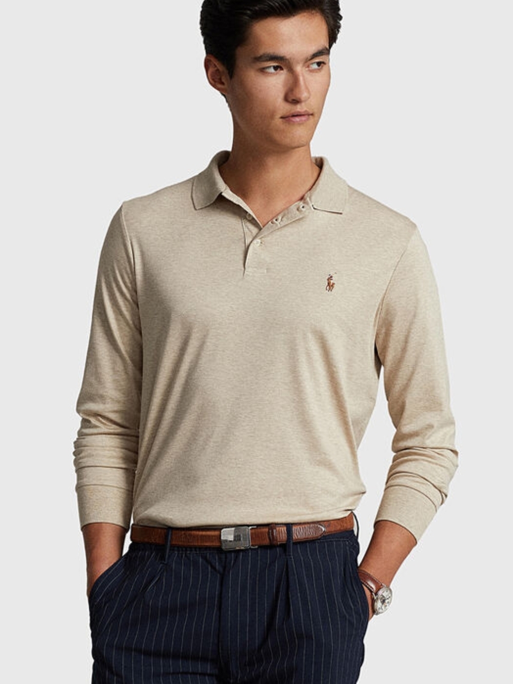 Polo by Ralph Lauren Beige Long-Sleeve Polo with Logo